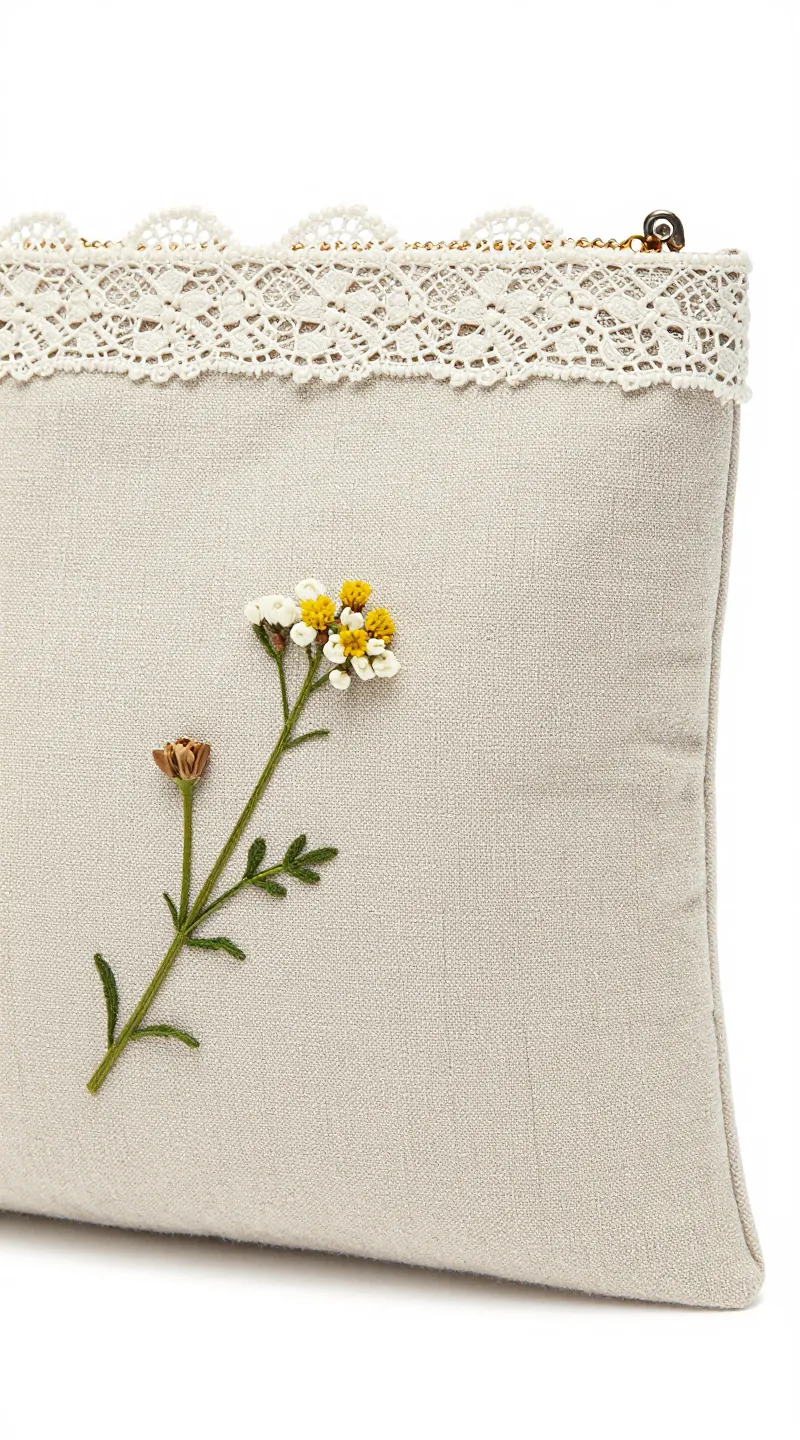 **Detail shot of lace-trimmed linen clutch with wildflower sprig**