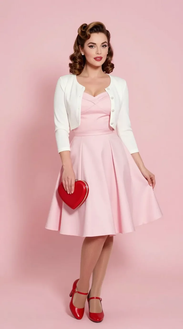 **"A stylish woman posing confidently in a vintage-inspired Valentine’s Day outfit: She wears a pastel pink fit-and-flare sundress with a sweetheart neckline, layered over a crisp white cropped cardigan with delicate pearl buttons. Her look is completed with classic red Mary Jane heels, sheer seamed stockings, and a heart-shaped clutch purse. Her hair is styled in soft victory rolls with loose curls, and her makeup features a subtle winged eyeliner and rosy lips. She stands against a romantic pastel backdrop with soft lighting, exuding playful retro charm. The composition is polished and high-fashion, capturing the timeless pin-up aesthetic with a Valentine’s twist."**