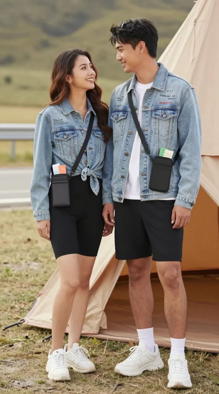 **Image Prompt:** "A stylish, adventure-ready couple wearing matching his-and-hers light-wash denim jackets with embroidered coordinates of their first date spot, paired with stretchy black bike shorts and chunky white sneakers (slightly scuffed for a lived-in look). The woman has her jacket knotted at the waist for a fitted silhouette, while the man wears his casually unbuttoned. They both carry compact crossbody phone bags for hands-free exploring, with tiny love notes and ticket stubs peeking out of their jacket pockets. The setting is a sunlit, open road or a cozy indoor fort-building scene, capturing spontaneous joy and togetherness. Soft, warm lighting enhances the intimate, playful vibe."