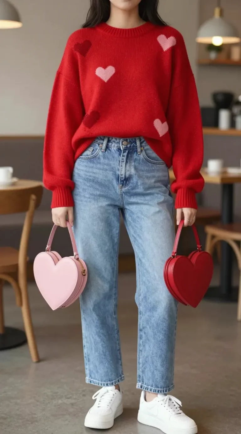 **"Fashion photography of a confident woman wearing an oversized red heart-print sweater with playful, scattered heart designs, paired with light-wash straight-leg jeans. The sweater is casually half-tucked to accentuate the waist, creating a relaxed but stylish look. She completes the outfit with clean white chunky sneakers and holds a mini heart-shaped bag in soft pink or red for a romantic touch. The background is a cozy, neutral-toned café with warm lighting, perfect for a Galentine's brunch or casual date. Soft natural light enhances the textures of the knit sweater and denim, capturing a candid yet chic Valentine’s Day aesthetic. The composition is balanced and aspirational, with a focus on effortless romance."**