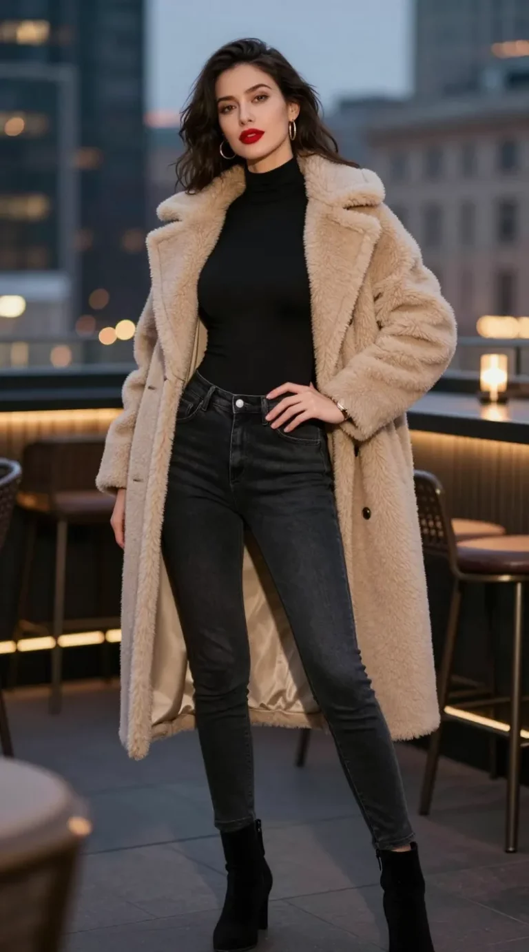 **Image Prompt:** "A stylish woman posing confidently in a luxurious urban setting at dusk, wearing an effortlessly sexy Valentine's Day outfit. She has on a soft, neutral beige teddy bear coat draped off one shoulder, revealing a sleek black bodysuit underneath. The bodysuit pairs perfectly with high-waisted, fitted jeans, and she completes the look with chic black ankle boots. Her accessories are minimal—just a pair of gold hoop earrings and a delicate watch—while her bold red lip adds a touch of drama. The scene is softly lit with warm ambient lighting, perhaps near a rooftop bar or city street, creating an intimate yet stylish atmosphere. Her pose is relaxed yet alluring, with one hand resting on her hip and a slight smile, embodying cozy seduction."