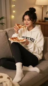 **Image Prompt:** "A cozy, intimate fashion photo of a woman lounging on a couch in an effortlessly chic Valentine's Day outfit. She wears an oversized graphic hoodie (slightly slouchy, as if borrowed from a partner) paired with sleek black leggings, fuzzy socks peeking out. Her hair is styled in a messy top knot for a relaxed vibe. Soft ambient lighting creates a warm, inviting atmosphere—perhaps fairy lights or a dim lamp in the background. She holds a pizza slice on a paper plate, smiling with natural, minimal makeup (just a hint of glossy lip balm). The setting is a cozy living room with a fluffy blanket draped nearby, capturing the perfect Netflix-and-chill mood. Shot in a candid, documentary style with a shallow depth of field for a dreamy, romantic feel."