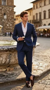 **Image Prompt:** "A stylish Italian man in his late 20s to early 30s stands confidently in a sunlit Florentine piazza, dressed in a perfectly tailored navy blue suit with sharp peak lapels. He wears a crisp white dress shirt with the top button undone and sleeves casually rolled once, exuding effortless charm. His dark brown leather loafers add a touch of refined elegance, while a minimalist gold watch glints subtly on his wrist. The warm golden hour light enhances the romantic European ambiance as he leans slightly against an old stone fountain, holding an espresso in one hand. His gaze is relaxed yet magnetic, with a faint trace of bergamot-scented cologne lingering in the air. The background features cobblestone streets, historic architecture, and soft bokeh from café lights, capturing the essence of 'Dolce Vita' sophistication."