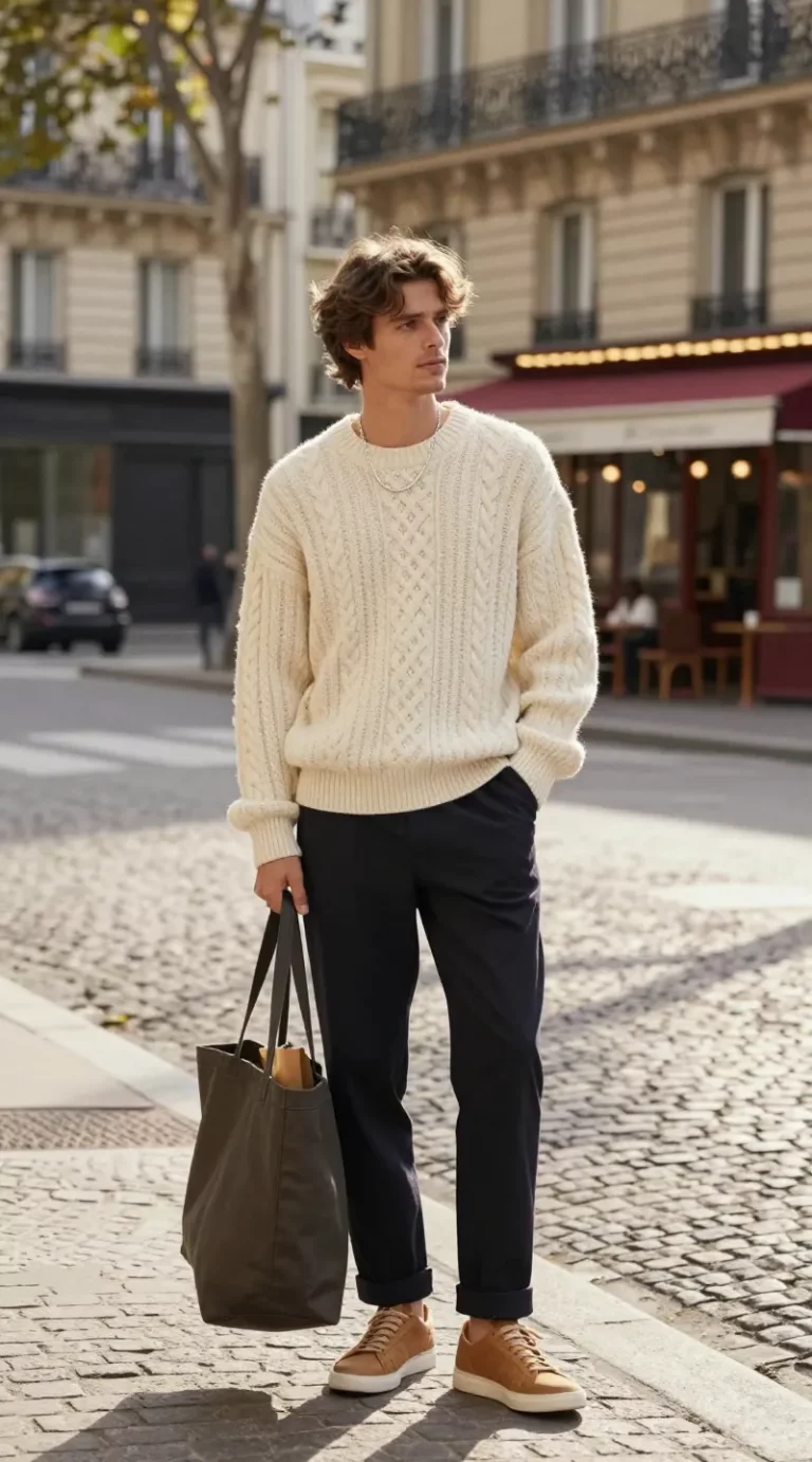 **Image Prompt:** A stylish, effortlessly chic man with tousled hair stands on a cobblestone Parisian street, exuding romantic European charm. He wears a slightly oversized cream cable-knit sweater, casually tucked in at the front, paired with dark tailored trousers cuffed once to reveal sleek tan leather sneakers. A delicate silver chain necklace adds subtle elegance, while a structured tote bag rests casually by his side, hinting at a poetic, bookish vibe. Soft morning light filters through the trees, casting a warm glow on the scene, capturing the perfect balance of coziness and sophistication. The background features classic Parisian architecture with a cozy café nearby, enhancing the romantic, timeless aesthetic. The composition is styled like a high-fashion editorial—natural, candid, and effortlessly polished.