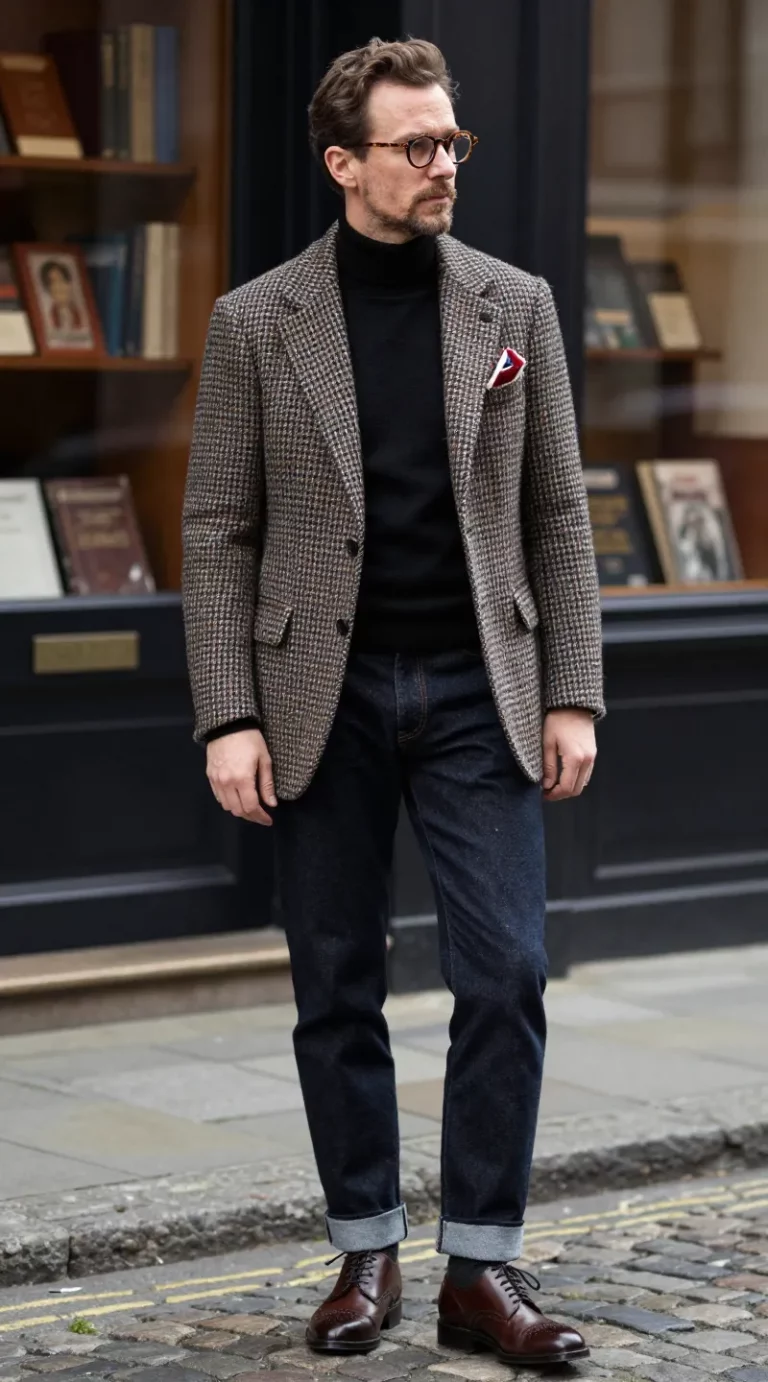**"A stylish and sophisticated London gentleman posing confidently in a polished casual outfit with a rebellious twist. He wears a bold patterned tweed blazer (houndstooth or plaid) layered over a sleek black roll-neck sweater, paired with slim dark denim jeans cuffed once to reveal elegant brown brogues. Round tortoiseshell glasses rest on his nose, adding a refined intellectual charm. A contrasting pocket square peeks from the blazer pocket for a playful pop of color. The setting is a chic urban backdrop—perhaps a moody bookstore or a cobblestone street—with soft natural lighting enhancing the textures of the fabrics. His pose is relaxed yet intentional, exuding effortless charisma and a hint of Wildean wit."**