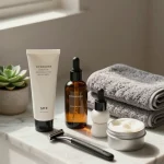 **"A stylish, modern men's grooming set arranged on a sleek marble bathroom counter, featuring a high-end hydrating face moisturizer with SPF, a bottle of sandwood-scented beard oil with an elegant dropper, a premium Japanese razor, and artisan shaving cream in a minimalist tin. The products are neatly placed beside a folded, textured gray hand towel and a small potted succulent for a touch of luxury. Soft natural light streams in from a nearby window, casting subtle shadows and highlighting the refined textures of the grooming essentials. The composition exudes understated sophistication, with a warm, neutral-toned background enhancing the spa-like aesthetic."**