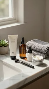 **"A stylish, modern men's grooming set arranged on a sleek marble bathroom counter, featuring a high-end hydrating face moisturizer with SPF, a bottle of sandwood-scented beard oil with an elegant dropper, a premium Japanese razor, and artisan shaving cream in a minimalist tin. The products are neatly placed beside a folded, textured gray hand towel and a small potted succulent for a touch of luxury. Soft natural light streams in from a nearby window, casting subtle shadows and highlighting the refined textures of the grooming essentials. The composition exudes understated sophistication, with a warm, neutral-toned background enhancing the spa-like aesthetic."**