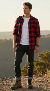 **Image Prompt:** *A rugged yet stylish young man posing confidently in an adventure-ready outfit, standing against a scenic outdoor backdrop with soft natural lighting. He wears a red-and-black checkered flannel shirt left unbuttoned over a fitted white tee, with the sleeves casually rolled halfway up his forearms. His dark skinny jeans are slightly cuffed at the hem to showcase a pair of sturdy hiking boots or classic high-top sneakers. His relaxed yet confident stance suggests an outdoorsy vibe—perhaps near a forest trail or a campsite, with a warm, golden-hour glow enhancing the rugged charm of the ensemble. A hint of adventure accessories (like a leather wristband or a backpack slung over one shoulder) completes the look, making it effortlessly cool and Valentine’s Day-date-worthy.*