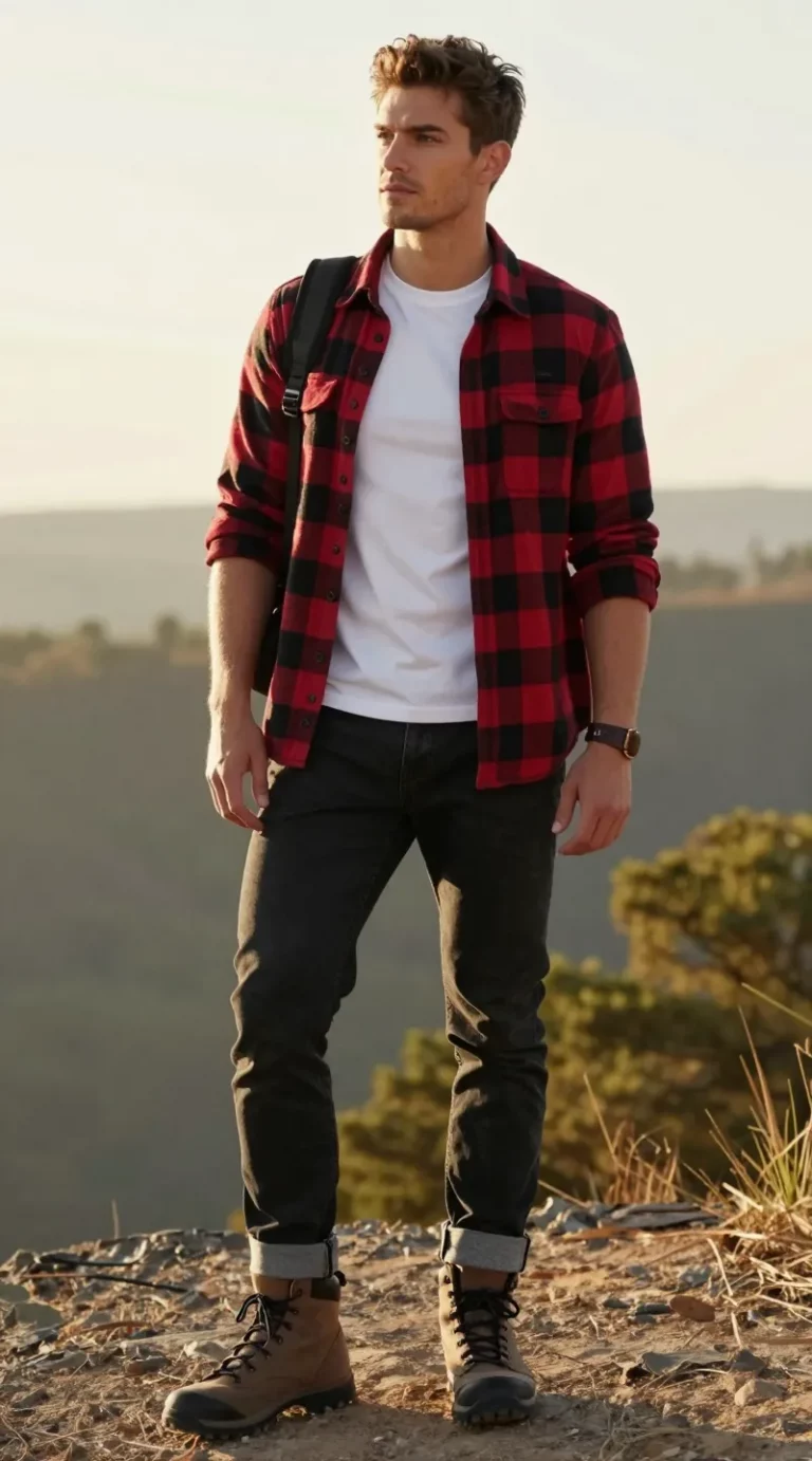 **Image Prompt:** *A rugged yet stylish young man posing confidently in an adventure-ready outfit, standing against a scenic outdoor backdrop with soft natural lighting. He wears a red-and-black checkered flannel shirt left unbuttoned over a fitted white tee, with the sleeves casually rolled halfway up his forearms. His dark skinny jeans are slightly cuffed at the hem to showcase a pair of sturdy hiking boots or classic high-top sneakers. His relaxed yet confident stance suggests an outdoorsy vibe—perhaps near a forest trail or a campsite, with a warm, golden-hour glow enhancing the rugged charm of the ensemble. A hint of adventure accessories (like a leather wristband or a backpack slung over one shoulder) completes the look, making it effortlessly cool and Valentine’s Day-date-worthy.*