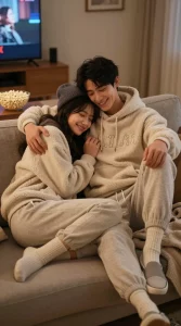 **"A cozy, romantic Valentine's Day scene featuring a happy young couple lounging on a couch in a warmly lit living room. The boyfriend wears an oversized fleece hoodie with embroidered initials (suggesting it was a gift), matching drawstring joggers, slip-on sneakers, and thick wool socks, embodying relaxed comfort. The hoodie is slightly oversized for a 'stolen from her closet' look. He has one arm around his smiling girlfriend, who snuggles against him. A soft beanie rests nearby, hinting at chilly weather. The background includes a TV playing a movie (Netflix logo visible), a bowl of popcorn, and soft blankets, creating a 'Netflix & chill' vibe. The lighting is warm and intimate, with soft shadows enhancing the coziness. Photorealistic, high-detail, 8K resolution, capturing texture in the fleece fabric and natural expressions."**