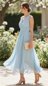 "A stunning May wedding guest dressed in a flowy pastel blue chiffon midi dress, standing elegantly in a sunlit garden venue with blooming spring flowers. She wears strappy tan sandals with a low block heel, delicate gold drop earrings, and carries a woven neutral-toned clutch. Her hair is styled in a loose, low bun, adding sophistication. The lightweight fabric of the dress moves gently in the breeze, creating an ethereal look. Soft sunlight enhances the pastel hues, making her the epitome of effortless elegance for a warm-weather May wedding."