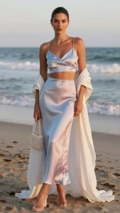 **Image Prompt:** *A stylish Wedding Guest stands confidently at a coastal wedding venue, wearing a dreamy powder blue silk matching skirt and crop top set. The outfit exudes soft, bohemian elegance, perfectly suited for a summer celebration. She pairs the look with clear PVC heels for a modern, chic touch and carries a mini pearl-embellished purse. A flowing white linen shawl drapes gracefully over her shoulders, adding effortless sophistication. Her hair is styled in a sleek, slicked-back bun, contrasting the delicate femininity of the ensemble. Dainty jewelry—stacked thin rings and a single delicate chain—completes the refined aesthetic. The golden-hour lighting enhances the pastel tones, with ocean waves and soft sand in the background, capturing a romantic yet fashionable moment.*