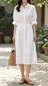 **Image Prompt:** "A stylish woman attending a **Casual Wedding** in a chic white linen shirt dress with elegant pearl buttons, cinched at the waist with a thin belt for a flattering silhouette. She pairs the dress with sophisticated tan leather loafers and carries a structured tote bag for a polished yet effortless look. A minimalist gold cuff bracelet adds subtle glamour. The sleeves are casually rolled up for a relaxed vibe, and she stands in a sunlit garden or rustic outdoor wedding venue, blending elegance with ease. The background features soft greenery and natural light, emphasizing the perfect balance of dressy and laid-back for a daytime **Casual Wedding**."