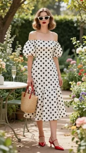 **Image Prompt:** *A stylish woman in a chic garden party setting, wearing a playful black-and-white polka dot midi dress with an off-the-shoulder neckline and puff sleeves. She pairs it with bold red kitten heels, a woven straw bag slung over her arm, and retro cat-eye sunglasses for a glamorous touch. Her deep red lipstick matches the heels, creating a striking contrast. She stands on a lush garden path surrounded by blooming flowers, soft sunlight filtering through the trees, capturing the whimsical yet elegant essence of a garden party wedding. A delicate champagne flute rests on a nearby vintage bistro table, adding to the celebratory atmosphere.*
