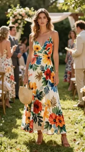 **"A stylish woman wearing a bold, large-scale floral maxi dress at a summer wedding, standing gracefully in a sunlit garden ceremony setting. The dress flows elegantly as she pairs it with braided leather sandals, delicate thin gold bangles, and a round straw bag. Soft golden sunlight filters through lush greenery, highlighting the vibrant floral pattern of her dress. Guests mingle in the background, dressed in light summer attire, while blooming flowers and draped fabric decor enhance the romantic outdoor wedding ambiance."**