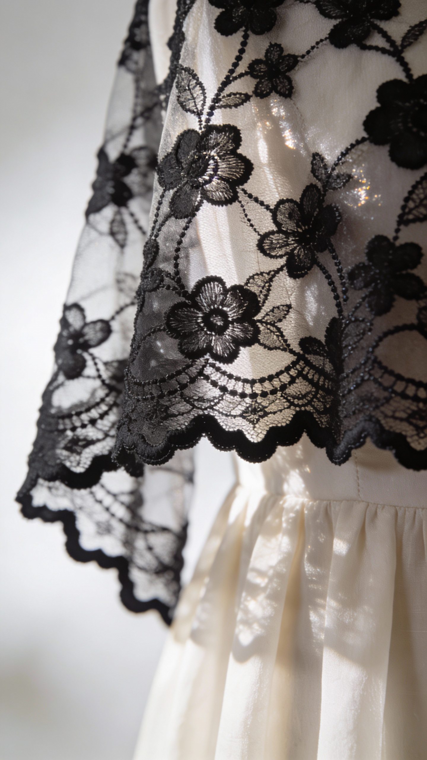 **Detailed shot of black lace overlay on neutral dress**