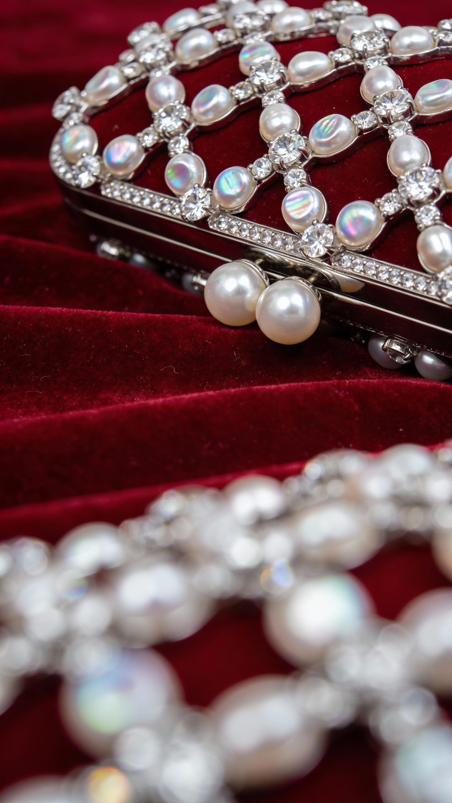 **Detailed shot of pearl-and-crystal clutch on velvet fabric**