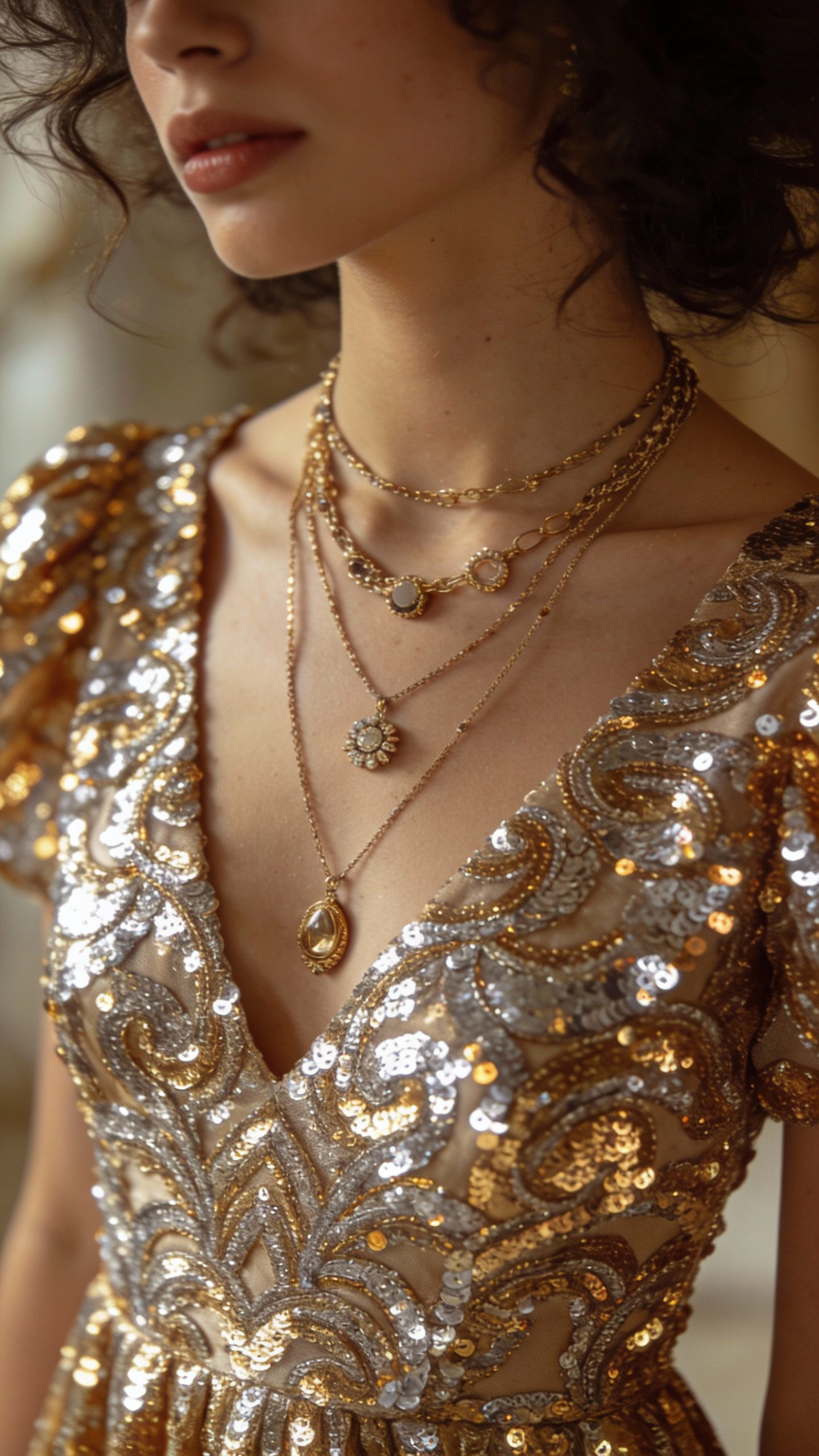 **Closeup of a sequined midi dress with layered necklaces**