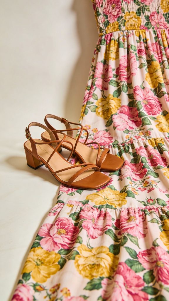 **Detailed shot of floral maxi dress with strappy sandals**
