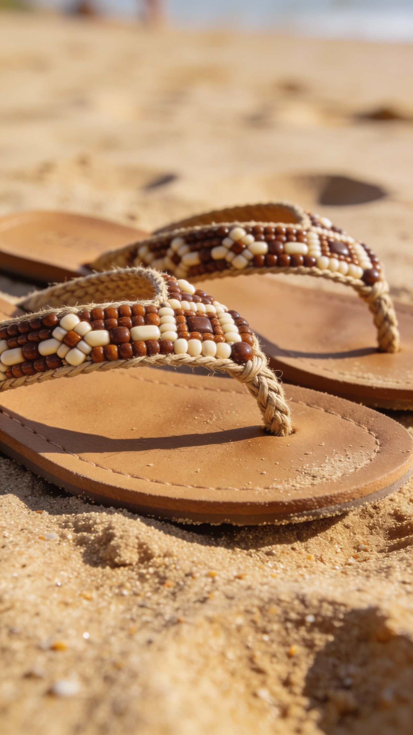 **Closeup of flat beaded sandals on sandy beach**