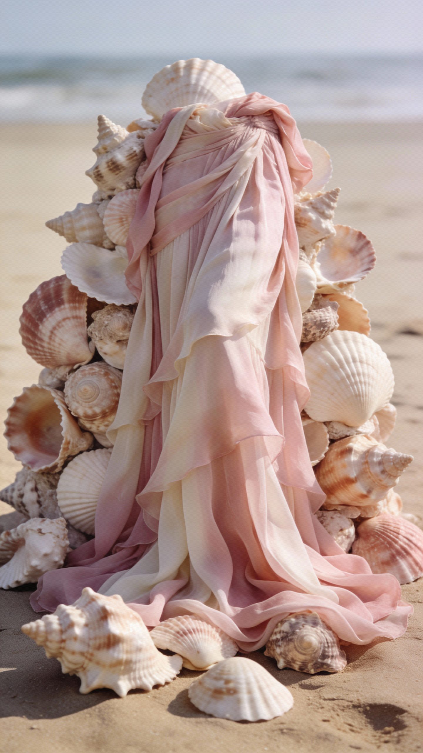 **Floor-length chiffon gown draped over seashells**
