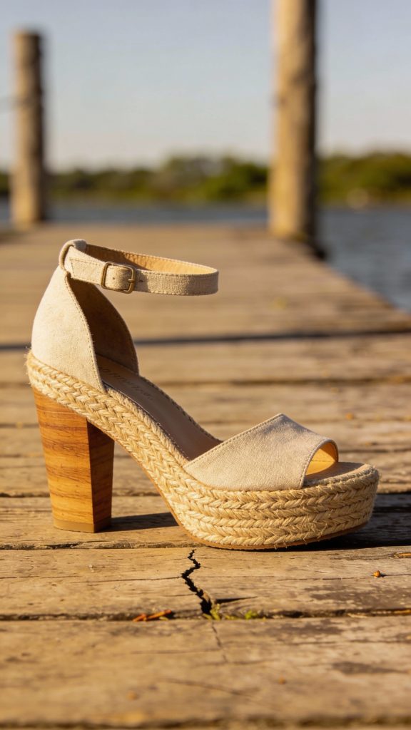 **Single espadrille wedge sandal on wooden dock**