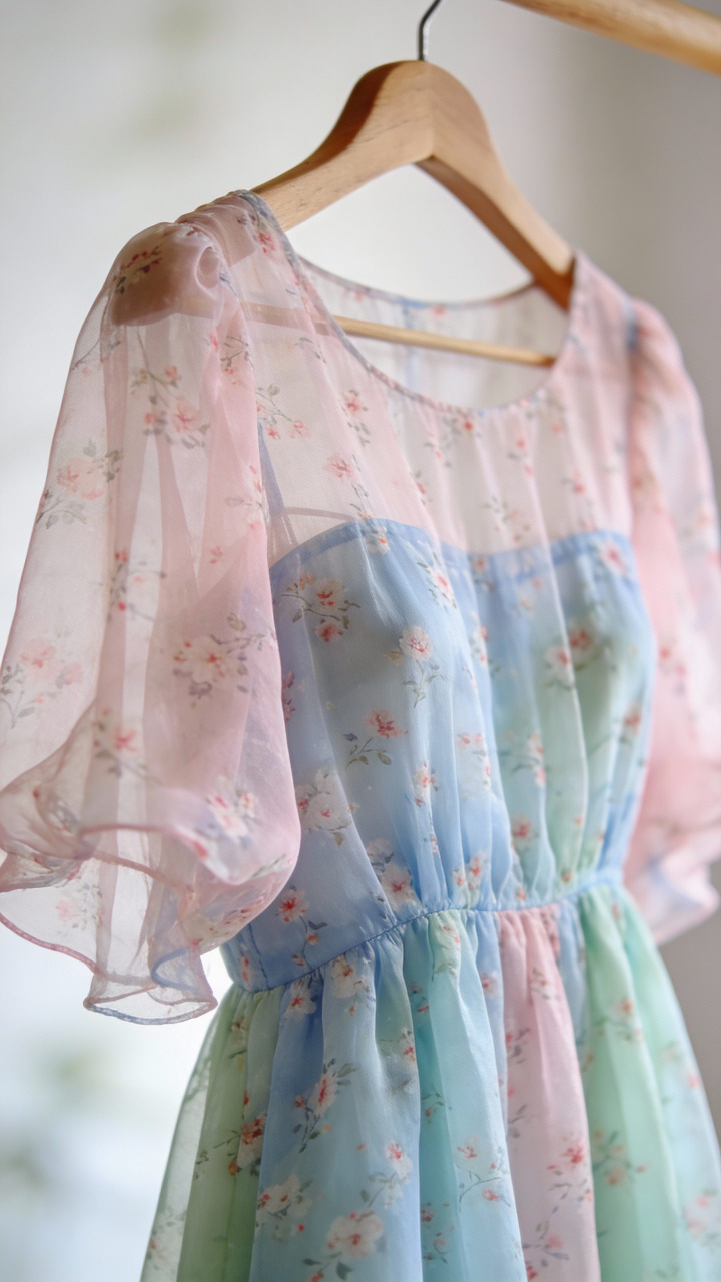 **Closeup of a pastel ditsy floral chiffon dress on a hanger**