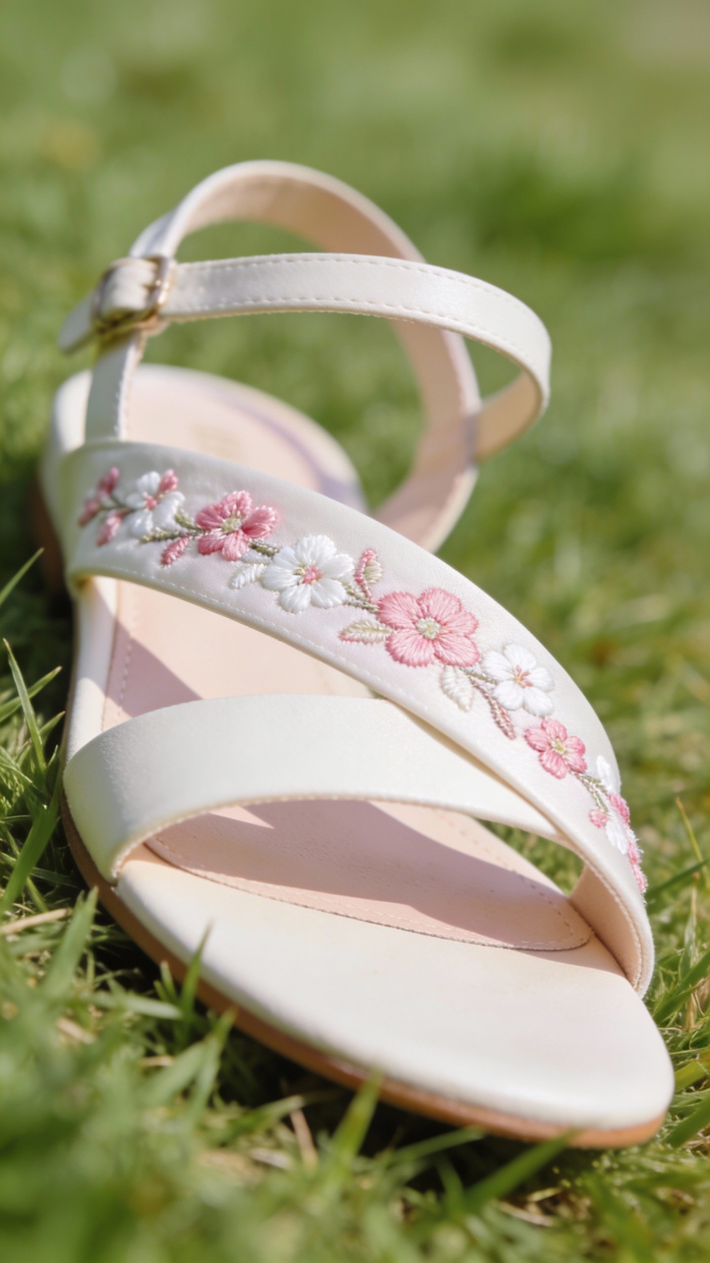 **Single strappy sandal with delicate floral embroidery on grass**