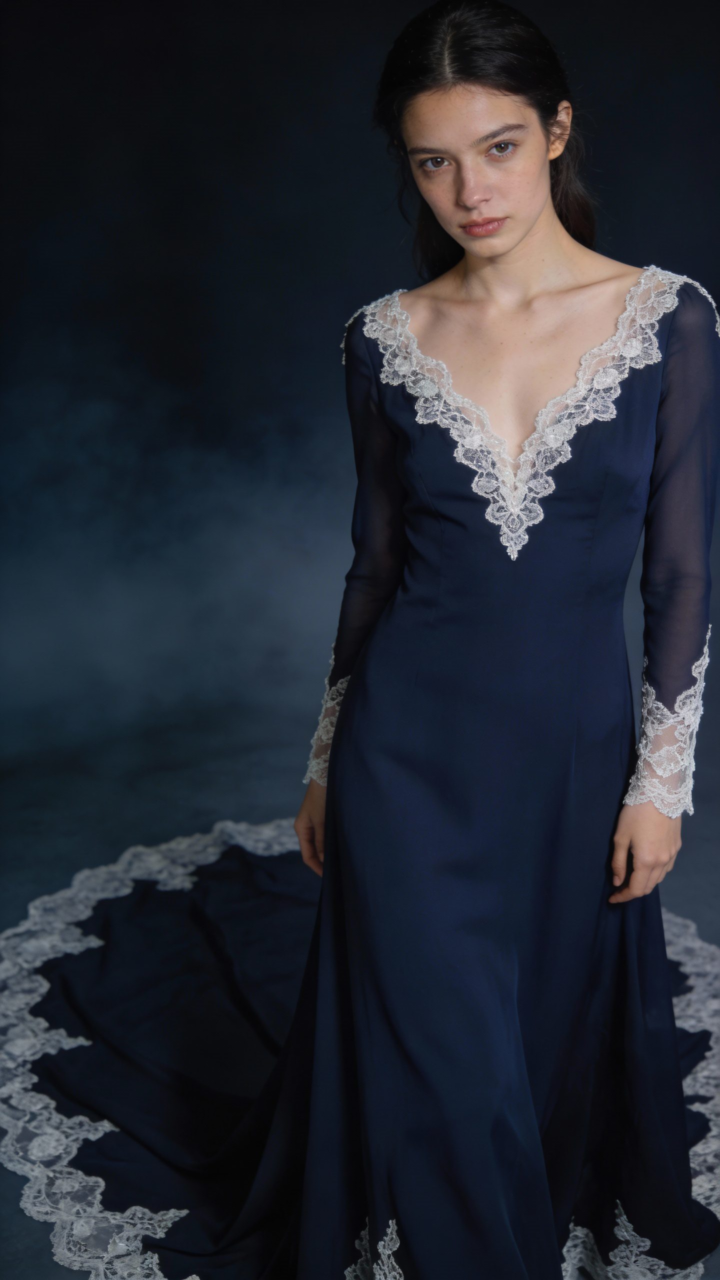 **Floor-length navy gown with delicate lace detailing**