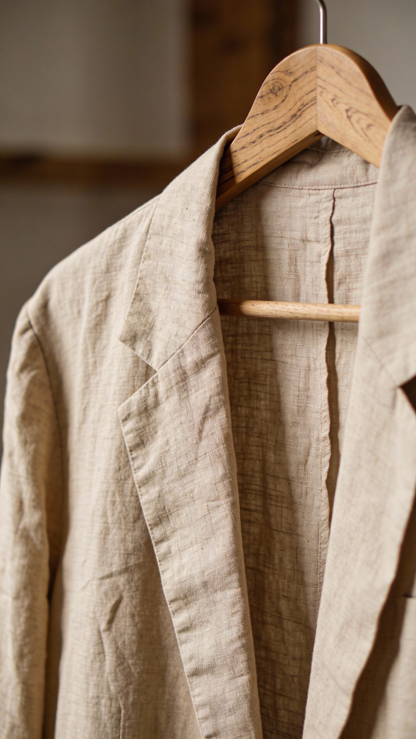**Single linen blazer draped on a wooden hanger**