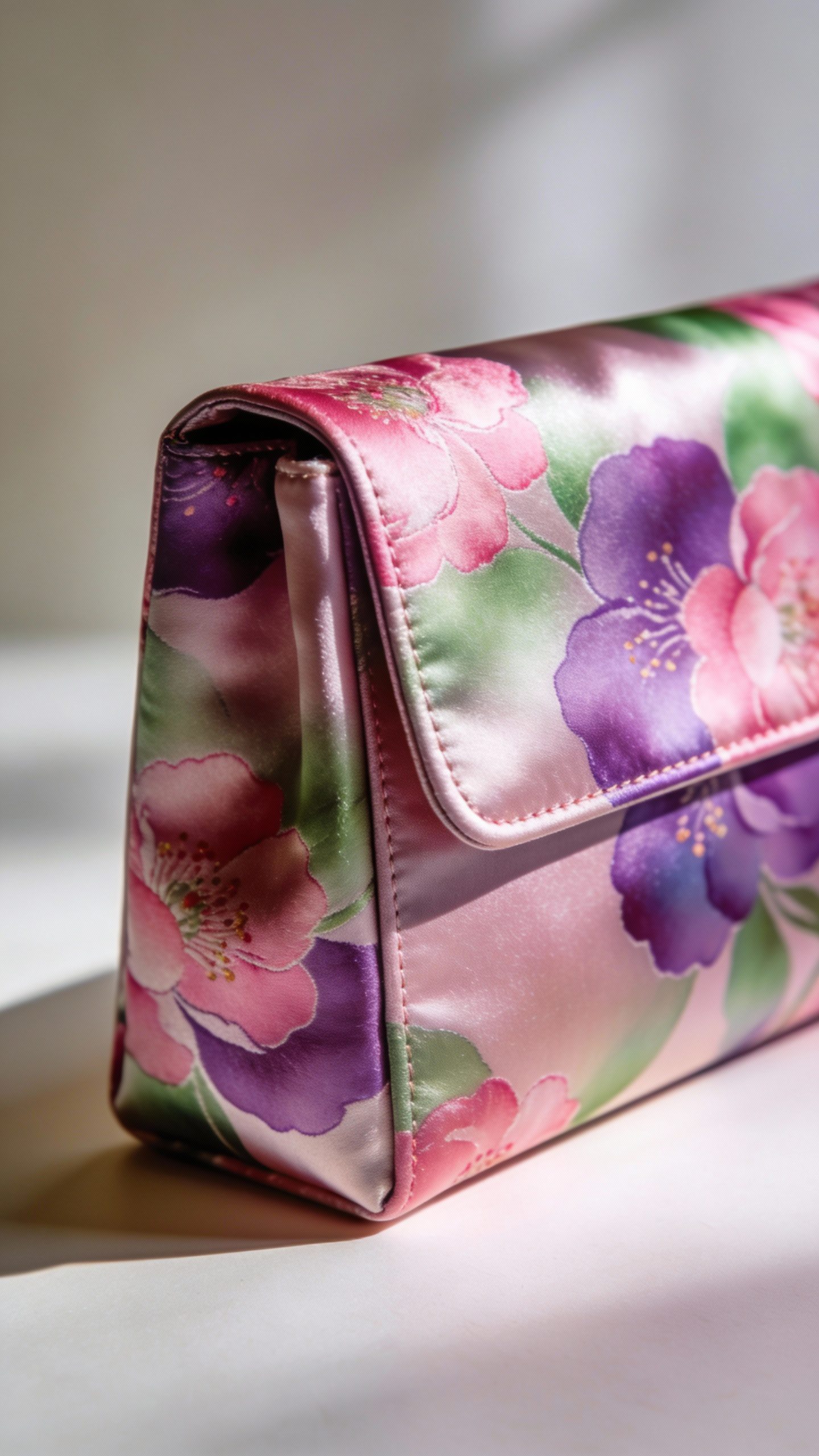 **Detailed shot of a silk floral-print clutch bag**