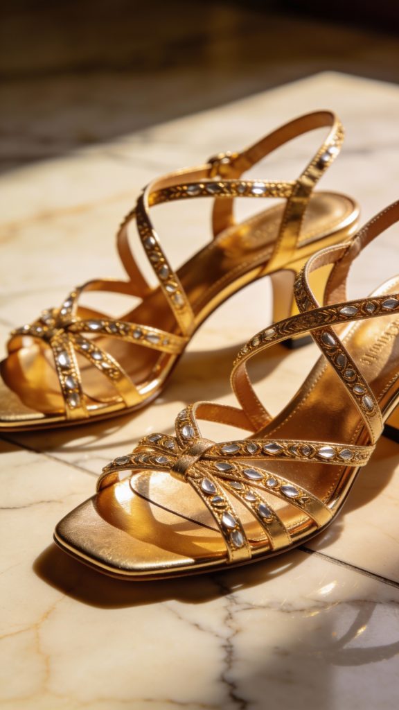 **Closeup of strappy gold sandals on a marble floor**