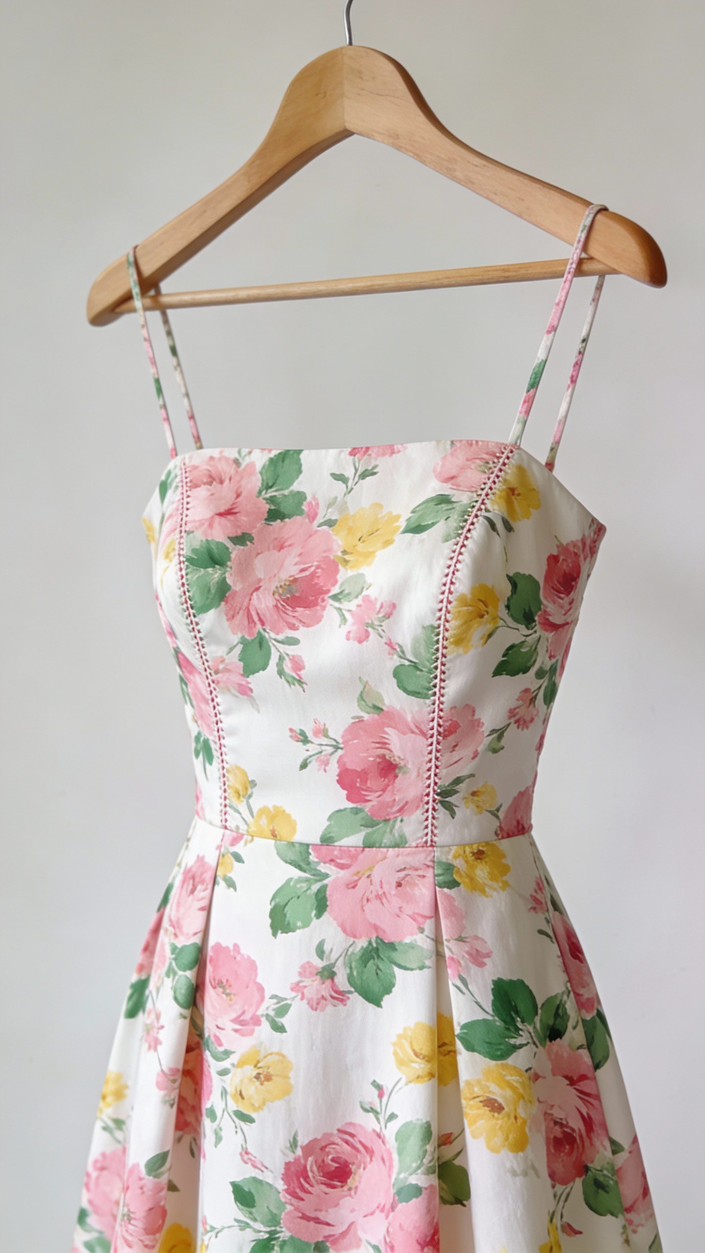 **Closeup of a floral midi cocktail dress on a hanger**
