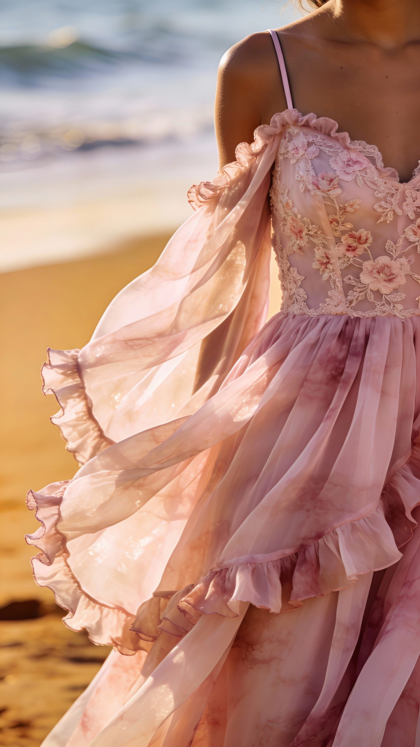 **Detail shot of a chiffon beach wedding guest dress**
