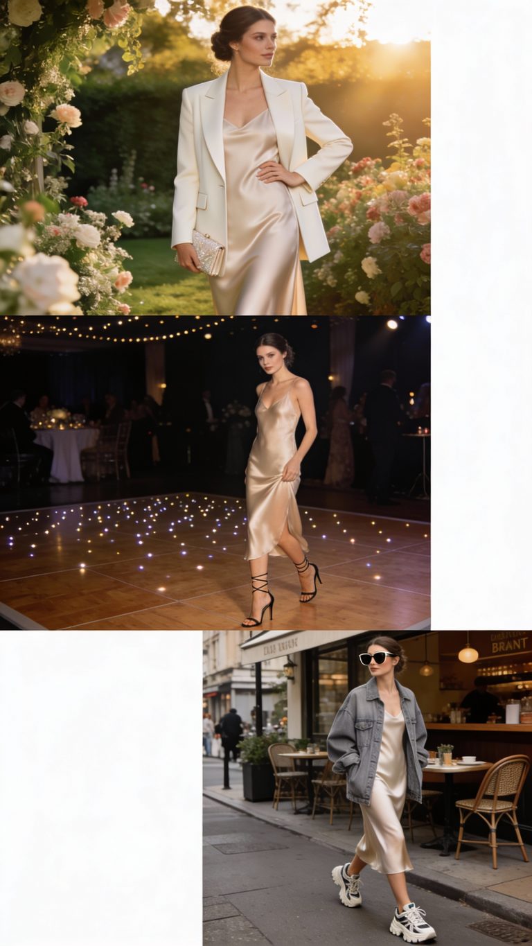 **Image Prompt:** *A stylish **Wedding Guest** confidently poses in a chic, neutral-toned silky slip dress (midi length) for a daytime wedding ceremony, layered with a tailored structured blazer for a polished look. Her hair is elegantly styled, and she holds a delicate clutch. The soft sunlight filters through lush garden surroundings, emphasizing the dress’s luxurious drape. A second shot (split-frame style) shows the same **Wedding Guest** at the evening reception—blazer removed, now wearing strappy heels, with dim lighting and a dance floor in the background, highlighting the dress’s sultry shift. A third vignette captures her in casual mode the next day: chunky sneakers, a loose denim jacket, and oversized sunglasses, strolling past a café for brunch—effortlessly transforming the slip dress into a laid-back look.*
