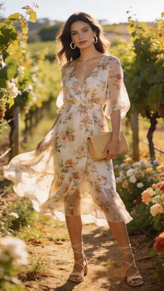 **Image Prompt:** *A stylish Wedding Guest stands gracefully in a sunlit vineyard, wearing a flowy floral-print chiffon midi dress that floats elegantly with the breeze. The lightweight fabric drapes beautifully, flattering her silhouette, while strappy neutral sandals elongate her legs. Delicate gold hoops add a subtle sparkle, and she holds a woven clutch for a polished touch. The soft, natural lighting enhances the dreamy ambiance, with lush greenery and blooming flowers in the background, perfectly capturing the effortless sophistication of a destination wedding outfit.*