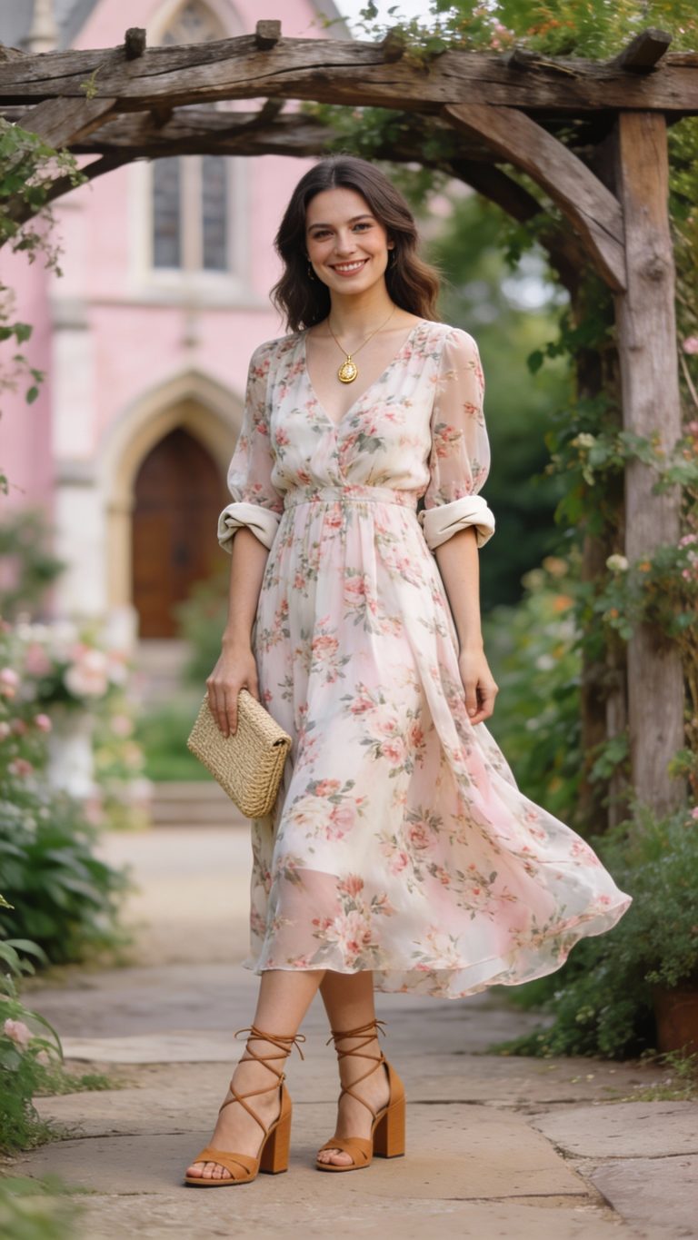 **Image Prompt:** *A stylish Wedding Guest wearing a floral chiffon midi dress with elbow-length sleeves, standing gracefully in a romantic outdoor wedding setting. The flowy fabric drapes elegantly as she pairs the dress with strappy tan block heels, a delicate gold pendant necklace, and a woven clutch in neutral tones. She smiles warmly, one sleeve casually rolled up for a relaxed reception-ready look, while the other remains intact for a polished ceremony vibe. The backdrop features soft natural lighting, lush greenery, and a hint of a rustic wooden arch, blending church-appropriate sophistication with breezy outdoor charm.*