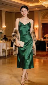 **Image Prompt:** *A stylish Wedding Guest standing confidently in an elegant indoor ballroom, wearing a luxurious emerald green satin slip midi dress that drapes effortlessly over her figure. She pairs the dress with strappy metallic gold heels, delicate gold hoop earrings, and a sleek neutral-toned clutch. Her jewelry is minimal, letting the dress shine, and she casually drapes a faux fur stole over her shoulders for added glamour. Soft ambient lighting enhances the dress’s silky texture, while her relaxed posture and subtle smile convey effortless sophistication. The background features warm-toned decor, suggesting a high-end wedding venue.*