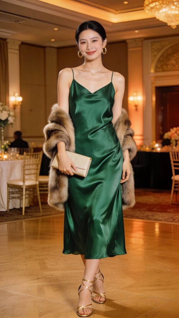 **Image Prompt:** *A stylish Wedding Guest standing confidently in an elegant indoor ballroom, wearing a luxurious emerald green satin slip midi dress that drapes effortlessly over her figure. She pairs the dress with strappy metallic gold heels, delicate gold hoop earrings, and a sleek neutral-toned clutch. Her jewelry is minimal, letting the dress shine, and she casually drapes a faux fur stole over her shoulders for added glamour. Soft ambient lighting enhances the dress’s silky texture, while her relaxed posture and subtle smile convey effortless sophistication. The background features warm-toned decor, suggesting a high-end wedding venue.*