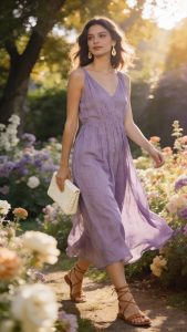 **Image Prompt:** "A stylish woman wearing a flowy lavender midi dress (wrinkle-resistant fabric) at a romantic garden wedding, exuding effortless chic. The dress drapes elegantly, appearing freshly steamed, while she walks gracefully among blooming flowers. She pairs it with strappy tan sandals, delicate gold drop earrings, and a woven cream clutch. Soft sunlight filters through trees, casting a warm glow on the scene, capturing the breezy, carefree vibe of a 'Flowy Wedding.' The loose silhouette allows movement, and her relaxed confidence makes her look perfectly put-together."