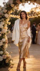 **Image Prompt:** *A stylish woman at an elegant wedding, confidently wearing a satin slip dress with adjustable straps in a soft champagne hue, slightly loose for effortless draping. She pairs it with an oversized draped blazer in ivory, casually resting on her shoulders during ceremony photos. Her strappy gold heels add sophistication, while a delicate minimalist bar necklace catches the light. The dress’s smooth lining subtly enhances her silhouette without shapewear, and a lace bralette peeks subtly under the straps. She stands near a floral arch, golden-hour lighting casting a warm glow, exuding relaxed luxury. The background features soft blur of twinkling string lights and guests in formal attire, emphasizing the refined wedding atmosphere.*