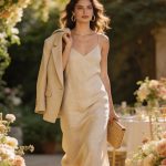 "A stylish woman confidently walks through a sunlit summer wedding venue in a breathable sand-colored linen midi slip dress, the fabric draping elegantly for a polished yet comfortable look. She wears strappy tan block heels, minimalist gold hoop earrings, and carries a woven clutch, exuding effortless sophistication. Loose beachy waves frame her face, enhancing the breezy vibe, while a cropped linen blazer is casually draped over her arm for cooler indoor moments. The backdrop features lush greenery, soft floral arrangements, and warm golden sunlight, perfectly capturing the romantic and airy atmosphere of a summer wedding."