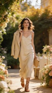 "A stylish woman confidently walks through a sunlit summer wedding venue in a breathable sand-colored linen midi slip dress, the fabric draping elegantly for a polished yet comfortable look. She wears strappy tan block heels, minimalist gold hoop earrings, and carries a woven clutch, exuding effortless sophistication. Loose beachy waves frame her face, enhancing the breezy vibe, while a cropped linen blazer is casually draped over her arm for cooler indoor moments. The backdrop features lush greenery, soft floral arrangements, and warm golden sunlight, perfectly capturing the romantic and airy atmosphere of a summer wedding."