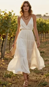 A stunning, high-fashion photo of a woman wearing a milk-white tiered cotton midi dress that flows gracefully as she walks, the delicate layers catching the soft light with a subtle textured elegance. She pairs it with braided leather sandals, a wooden bead necklace, and a woven clutch in natural tones, embodying minimalist romance. Her slightly wavy hair and minimal makeup enhance the undone, earthy vibe, while the wooden beads add a warm contrast. The scene is set at a sunlit vineyard wedding, with golden hour light casting a dreamy glow, emphasizing the dress's liquid-like movement and effortless beauty. The composition is editorial yet natural, focusing on the dress's flow and the serene, boho-chic aesthetic.