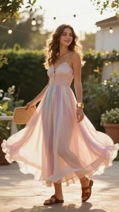 A young woman with a joyful expression twirls gracefully in a flowing pastel maxi dress with a delicate smocked bodice and an airy, slit skirt that billows like a soft cloud around her. She stands on a sunlit garden terrace adorned with string lights, wearing braided leather sandals and a gold cuff bracelet, while holding a woven straw clutch. Her effortless movement captures the boho-chic elegance of the outfit, with the lightweight fabric catching the breeze. The warm golden-hour lighting enhances the dreamy, romantic atmosphere, perfect for a destination wedding.
