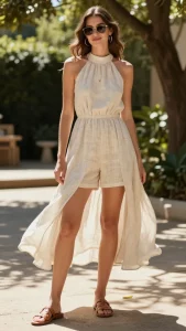 **Image Prompt:** A stylish woman in her late 20s confidently poses outdoors in a breathable linen-blend high-neck sundress, the elegant neckline shielding her from the sun while maintaining a chic silhouette. The dress flows gently in a soft breeze, its lightweight fabric draping effortlessly. She pairs it with braided leather sandals for a relaxed yet polished look, oversized sunglasses adding a touch of glamour. Hidden underneath, slip shorts ensure comfort and prevent thigh chafing. Statement gold hoops glint in the sunlight, drawing attention to her face as she skips a necklace for a minimalist approach. The setting is a sunlit garden with dappled light filtering through trees, creating a warm, summery atmosphere. Her relaxed pose and subtle smile exude effortless sophistication, perfect for a wedding guest transitioning from church to outdoor reception.