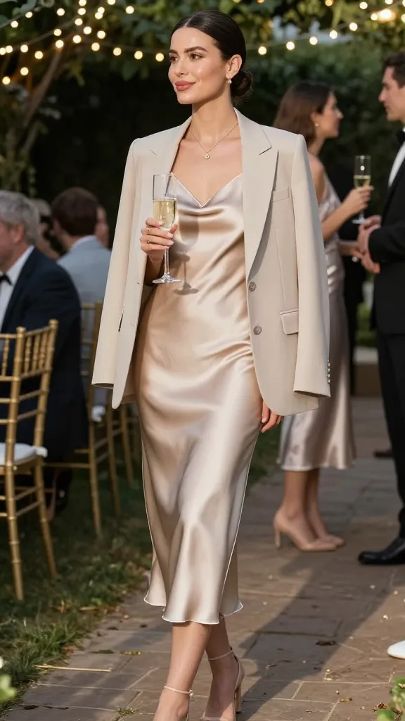 A stylish woman in her 30s wearing a silky champagne slip dress stands gracefully at a summer wedding venue. She pairs the dress with a cropped tailored blazer in a soft neutral tone, exuding effortless elegance. Her nude strappy heels elongate her legs, while a delicate gold pendant necklace adds a subtle sparkle. Her hair is styled in a sleek low bun, and her makeup is fresh and dewy with a soft pink lip. The background features a lush garden with twinkling string lights, creating a romantic ambiance. The sunlight casts a warm glow, highlighting the luxurious fabric of her outfit. She holds a champagne flute, smiling naturally as she mingles with other guests. The composition is polished and editorial, with shallow depth of field to emphasize her sophisticated ensemble.