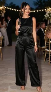 **Image Prompt:** A confident woman stands at an elegant wedding venue, wearing a sleek black satin jumpsuit with a wide-leg silhouette and a cinched waist, exuding effortless glamour. She pairs it with strappy metallic gold heels and a bold statement cuff bracelet, while her hair is styled in a high ponytail to accentuate the neckline. The soft evening light enhances the satin's sheen, and a subtle breeze adds movement to the wide-leg pants. She holds a champagne flute, smiling warmly, with blurred string lights and guests in the background, creating a chic and sophisticated atmosphere.