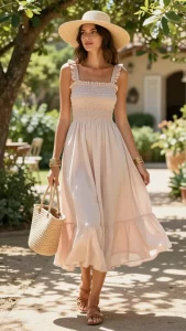 **A stylish woman in her 30s wearing an elegant smocked midi dress in a soft pastel hue, standing in a sunlit garden with rustic charm. The dress features delicate smocking details on the bodice, flowing effortlessly into a breezy skirt. She pairs it with braided leather sandals, stacked gold bangles, and carries a chic straw tote. A wide-brimmed hat adds a touch of sophistication, while dappled sunlight filters through the trees, creating a romantic atmosphere perfect for a summer wedding. The background includes lush greenery and hints of a countryside venue, enhancing the "Tuscan summer" aesthetic.**