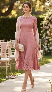 A realistic, high-quality fashion photograph of a wedding guest wearing a romantic lace dress: a deep dusty-rose lace A-line midi dress with full lining and scalloped hem, fitted through the bodice and gently flaring below the knee. She pairs it with nude leather slingback heels, a delicate single-strand pearl necklace, and small pearl stud earrings. She carries a structured ivory box clutch with a gold clasp, and a soft blush pashmina draped around her shoulders for ceremony coverage. Alternate embellished flats (ivory satin with crystal bows) peek from the clutch as a styling option placed beside her chair. The scene is an elegant outdoor garden wedding venue at golden hour, with dappled sunlight filtering through trees, soft floral arrangements, and neutral ceremony chairs in the background bokeh. The subject stands three-quarter view, mid-step, smiling softly, polished natural makeup with a rosy lip, hair in a loose low chignon with face-framing tendrils. Emphasis on lace texture, subtle sheen of pearls, and refined, timeless styling. Shot on full-frame camera, 85mm lens, shallow depth of field, soft natural lighting, high-resolution, editorial fashion photography, no text.